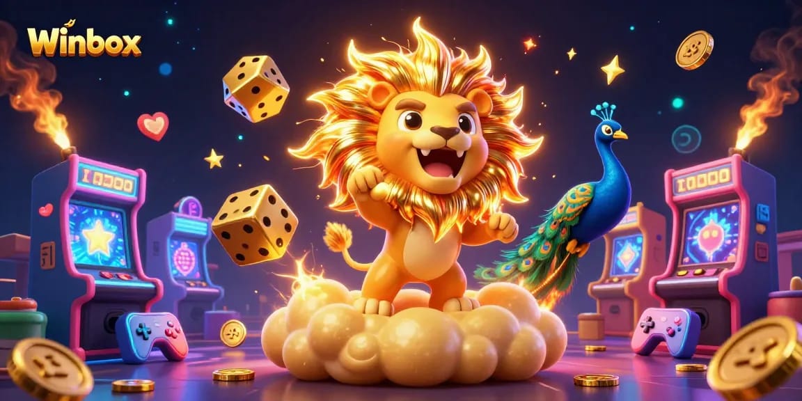 Winbox showcases a vibrant scene of a roaring lion surrounded by casino elements, inviting players to engage.