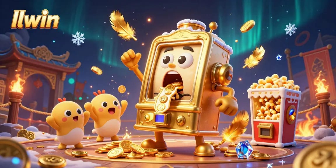 llwin celebrates jackpot wins with a golden slot machine and cheering companions, showcasing dynamic gambling excitement.