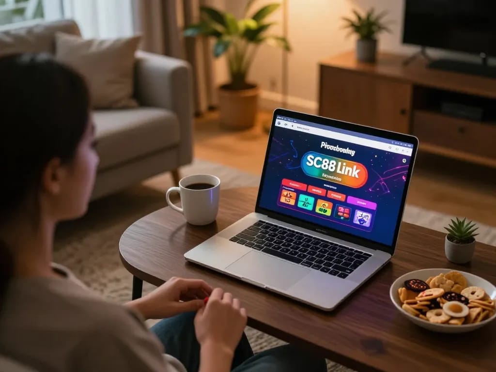 Engaging online gambling session showcasing SC88 Link's interface with snacks and cozy lighting