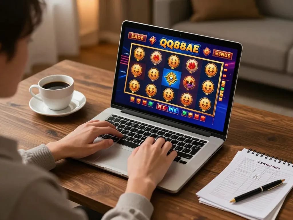 Experience the thrill of online gaming with QQ88AE on your laptop in a cozy home environment.