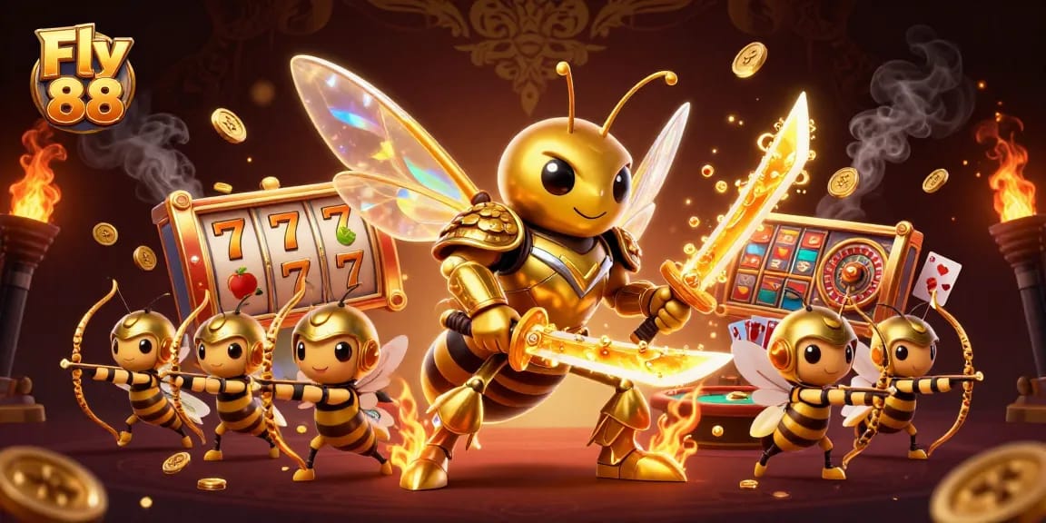 Experience the excitement of Fly 88 with a dynamic casino scene featuring 3D characters and game elements.