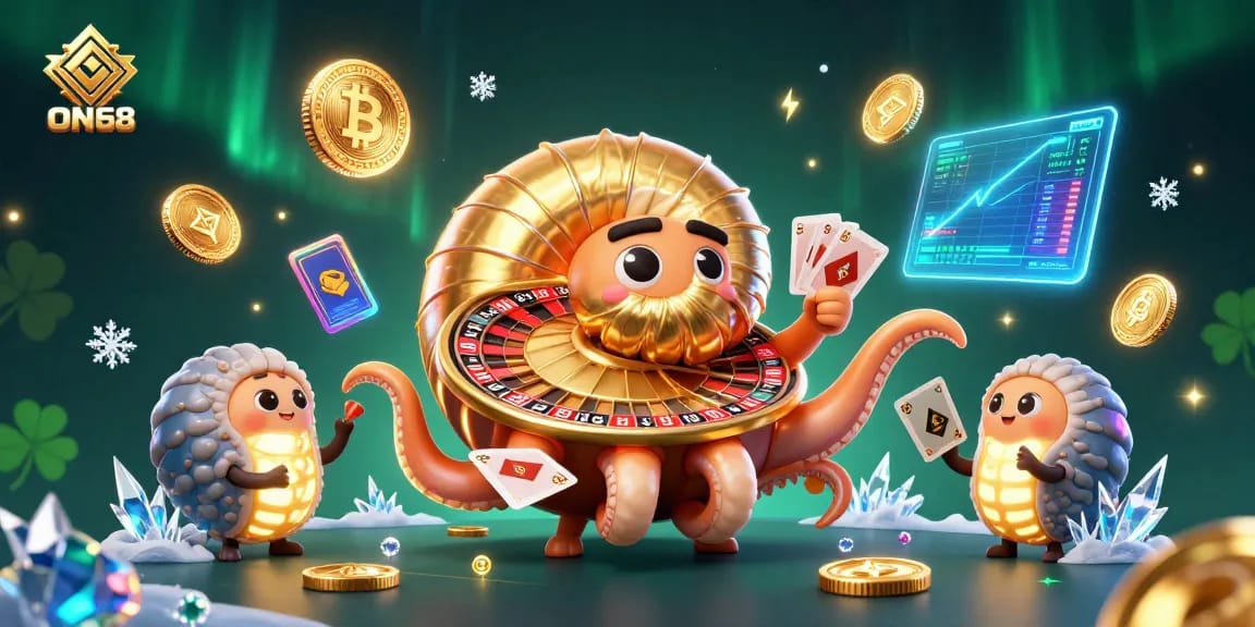 Experience ON68's unique casino adventure with a magical giant nautilus and vibrant cryptocurrency elements.