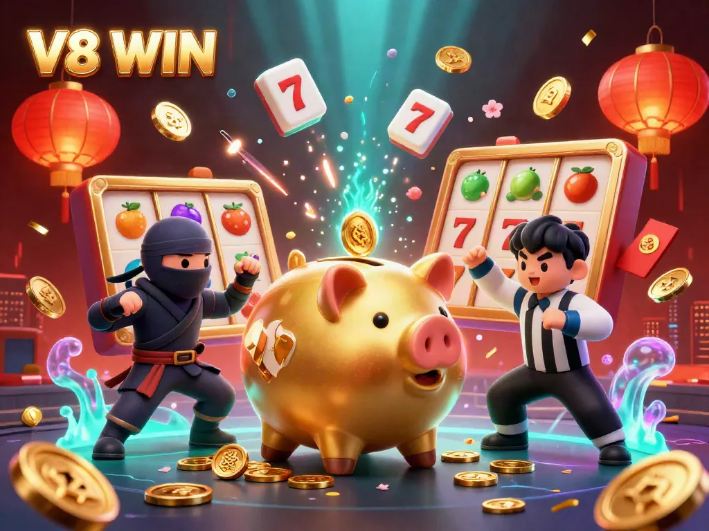 Celebrate big wins with the thrilling V8 WIN gaming atmosphere, showcasing vibrant characters and gold coins.