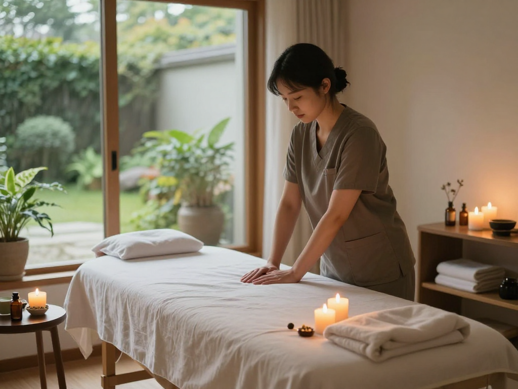 Relaxing 안양출장마사지 therapy setup with candles, essential oils, and a tranquil ambiance.