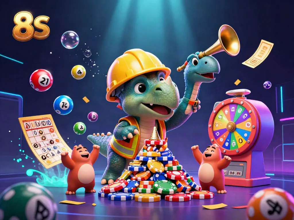 Engage in the excitement of 8 S with a dynamic casino scene featuring lively characters and vibrant gaming elements.