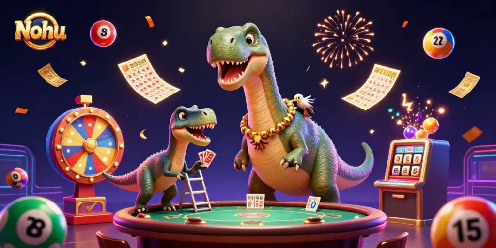 Nohu game scene with a giant brontosaurus and a clever raptor dealing cards amidst vibrant casino excitement.