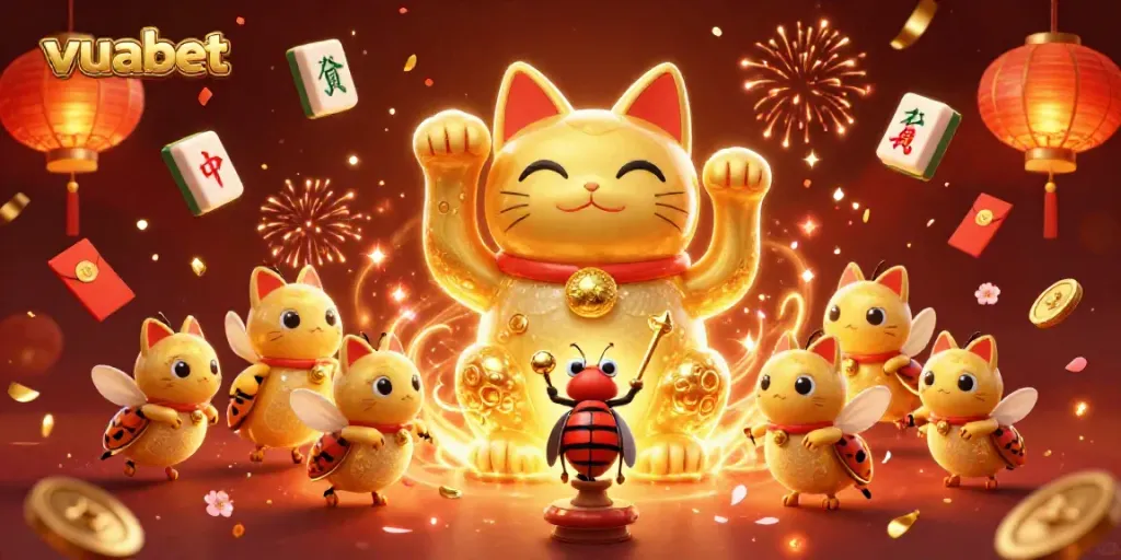 Experience the charm of vuabet with a dynamic 3D illustration featuring casino elements and lucky symbols.