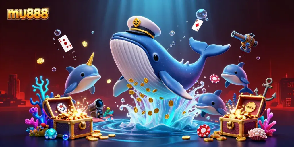 Experience dynamic gameplay with mu888 as a whimsical whale and dolphin play with poker chips in a treasure-filled sea.