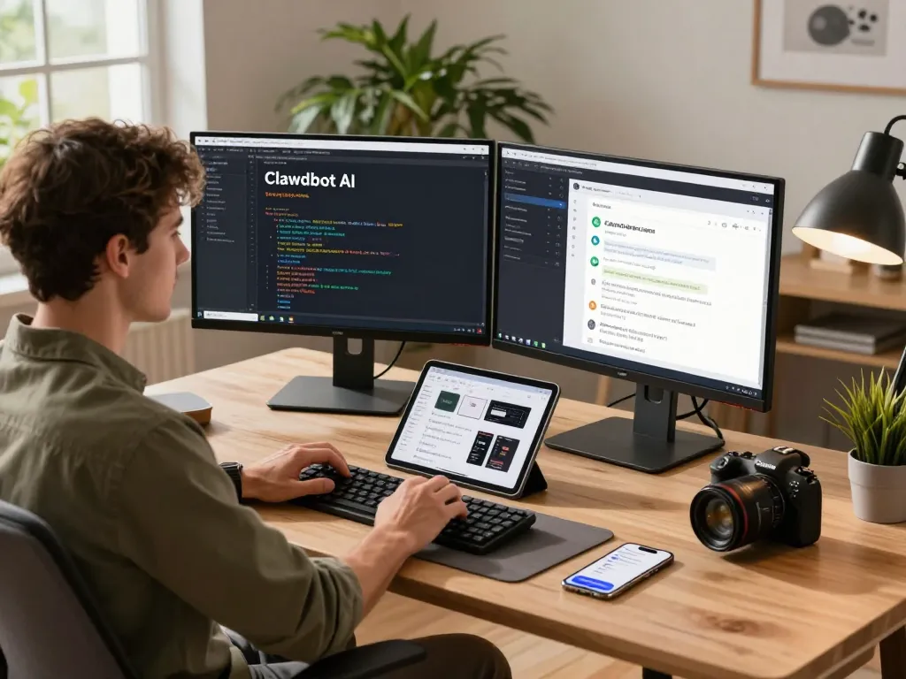 Developer using Clawdbot AI in a modern workspace with tech tools and chat interfaces.