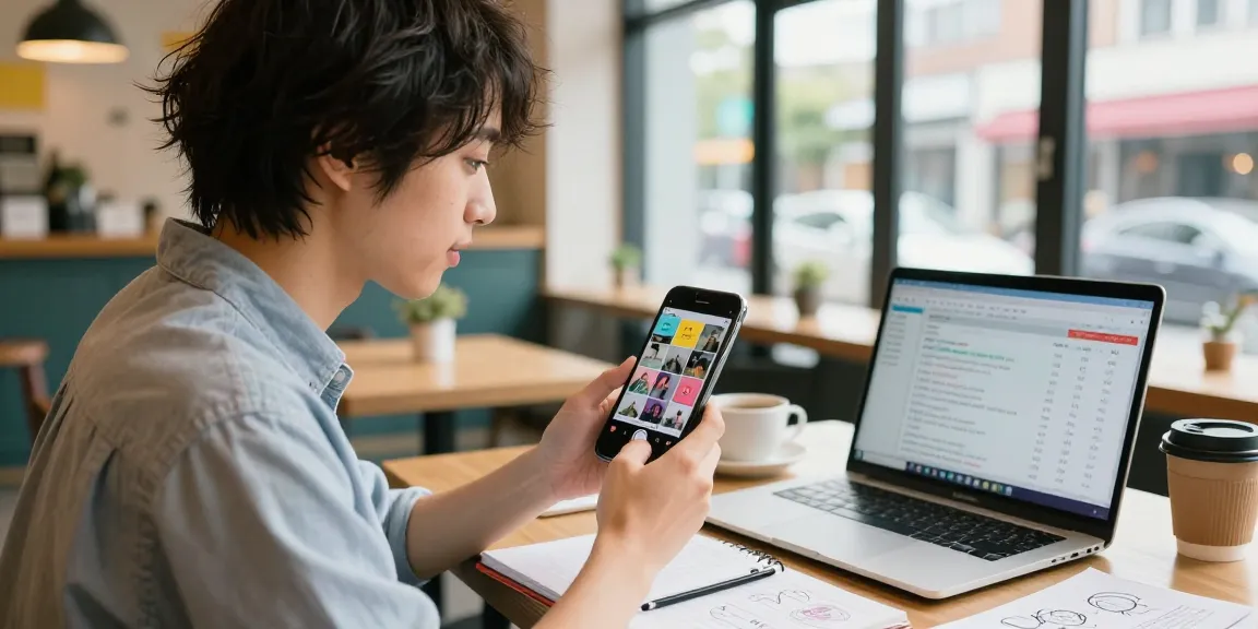 インスタグラム いいね 購入 効果を実感する若いインフルエンサーがカフェでスマートフォンを使用している様子