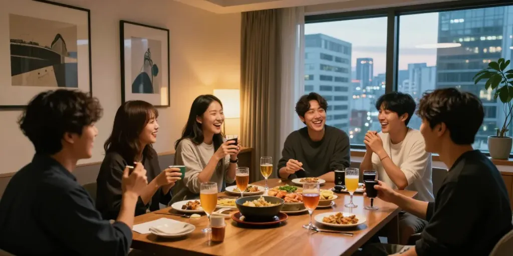 강남구구단에서 친구들과 즐거운 시간을 보내는 모습, 아늑한 분위기와 현대적인 인테리어가 특징입니다.