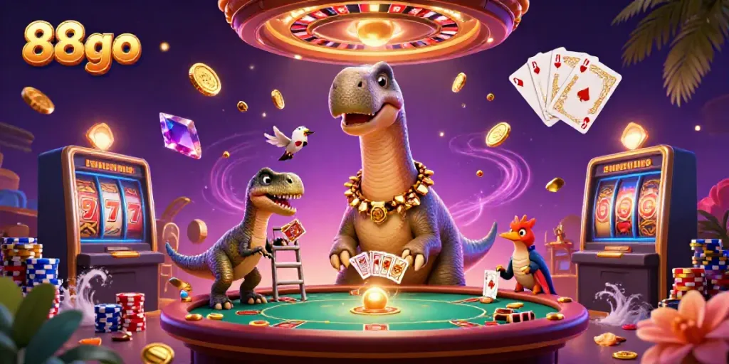 Engage with 88go as a 3D brontosaurus towers over a casino table, showcasing vibrant gambling elements.