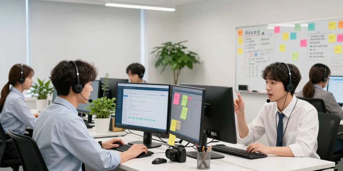 Engaged team in an office assisting customers on the 강남토닥이 platform with energy and professionalism.