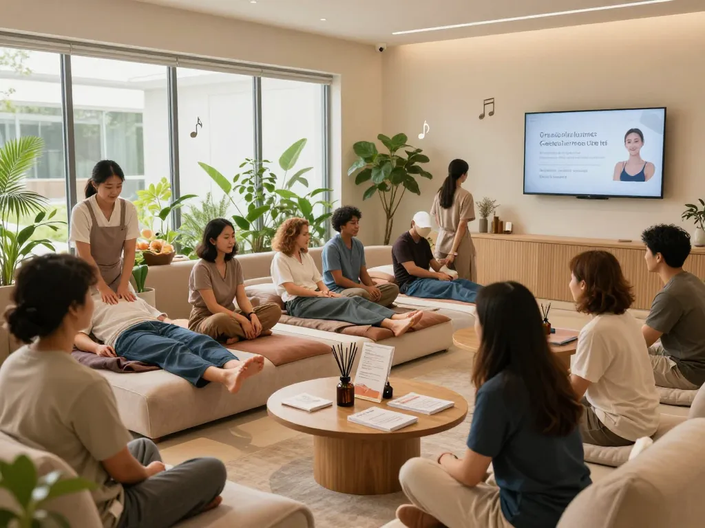 오피스타의 현대적인 웰니스 센터에서 웰니스 서비스를 즐기는 사람들, 휴식과 커뮤니티 참여를 촉진합니다.