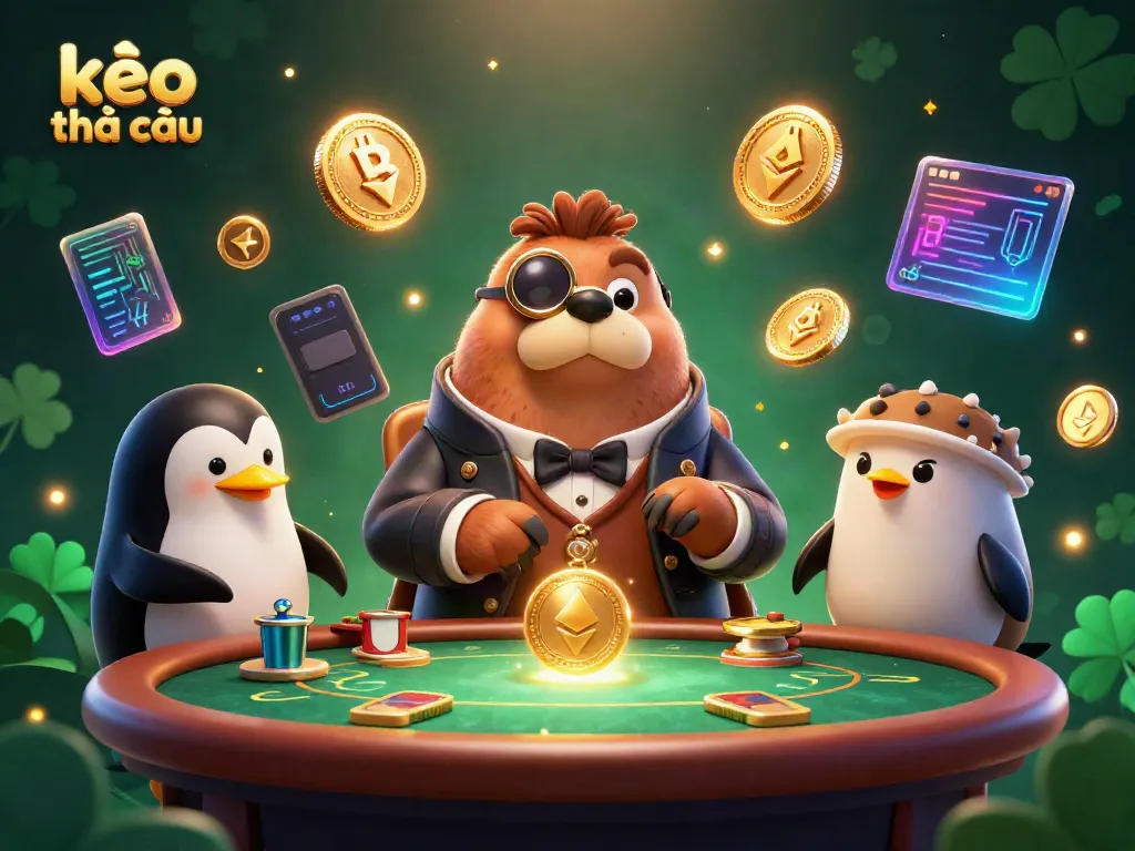 Engage with kèo nhà cái in this vibrant 3D scene featuring a walrus playing poker.