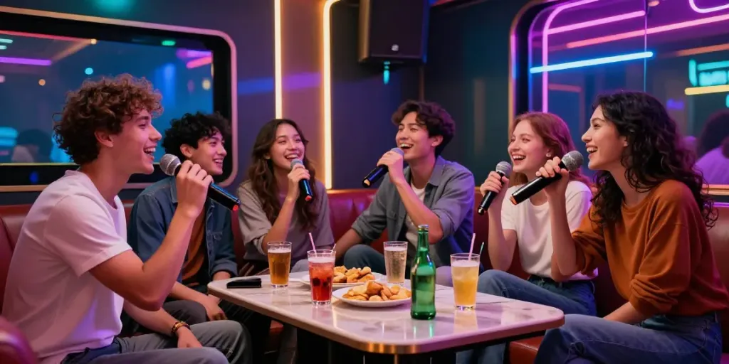강남도파민의 음악과 대화가 어우러진 즐거운 시간, 활기찬 분위기의 개인 룸.