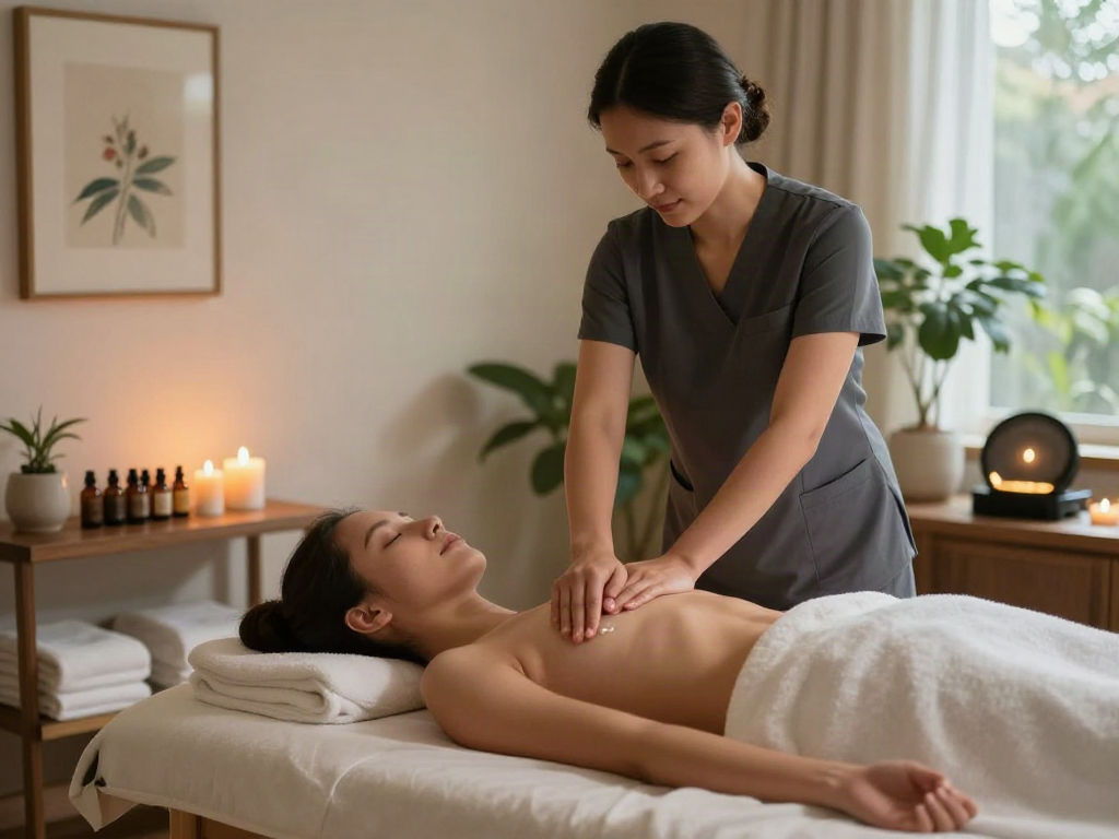 일산출장마사지 in a serene indoor setting with a professional therapist providing a calming massage.