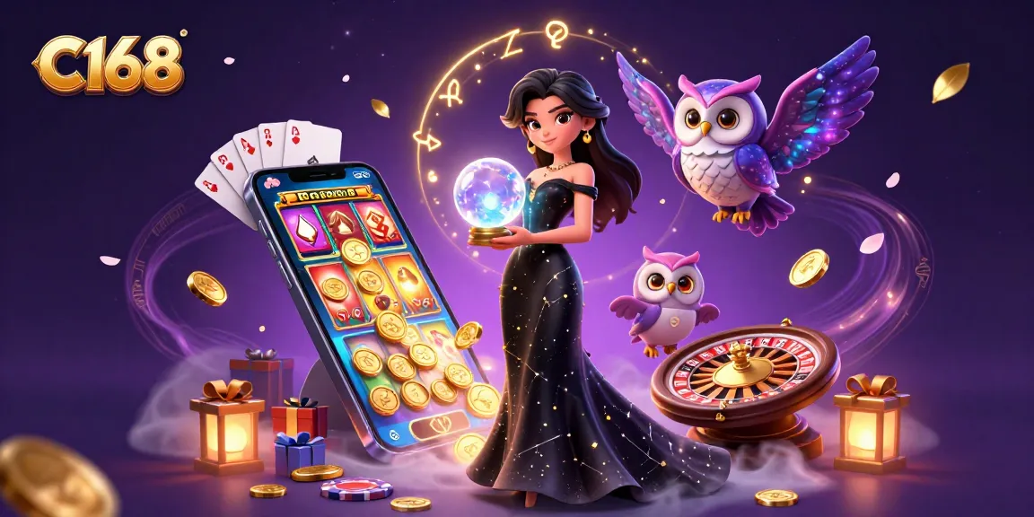 Experience C168 with a mystical scene featuring a glowing crystal ball and vibrant gambling elements.