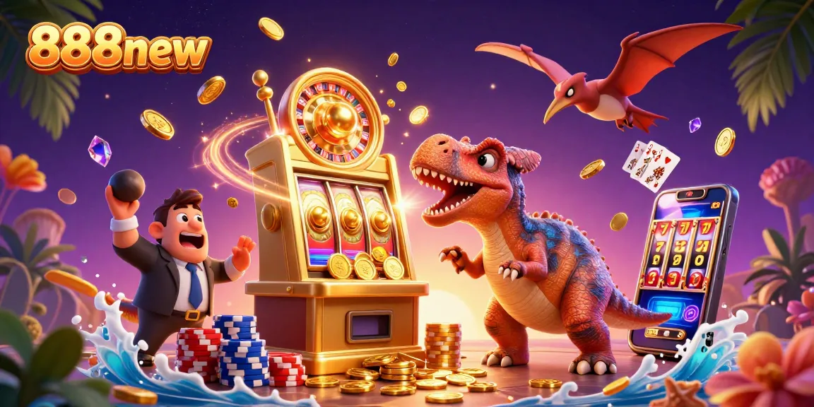 Experience the thrill at 888new while a pachycephalosaurus jackpots the golden slot machine amid soaring coins and excitement.