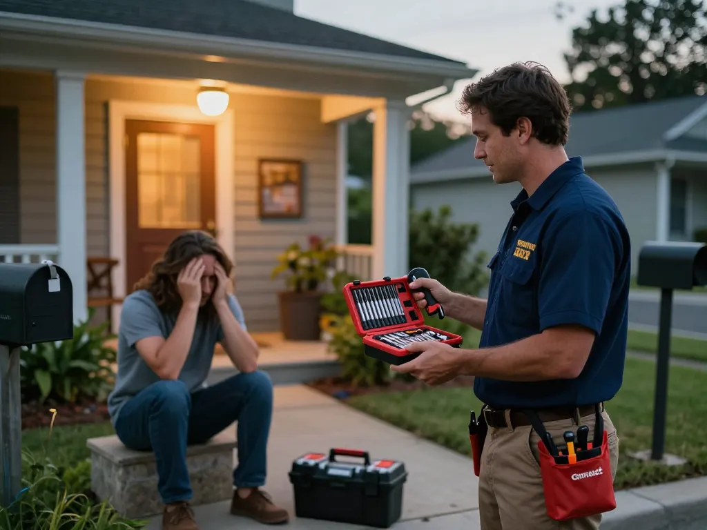 Emergency locksmith Jensen Beach providing lockout services to a relieved homeowner at dusk.