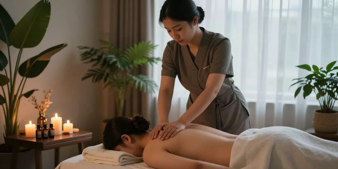 편안한 스웨디시 마사지 장면, 아늑한 분위기에서 고객에게 마사지하는 마사지사