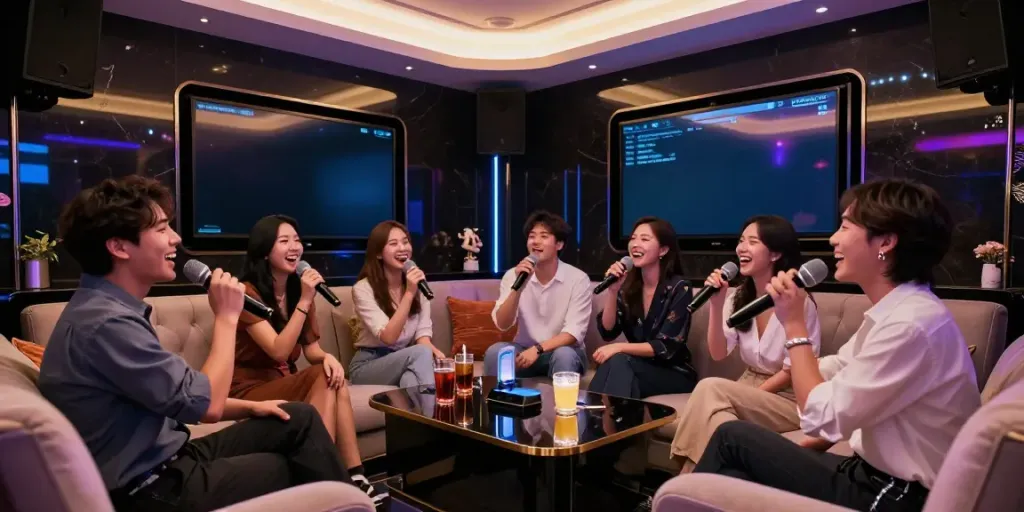 강남 달토 가라오케에서 친구들이 노래를 부르며 즐거운 시간을 보내는 모습