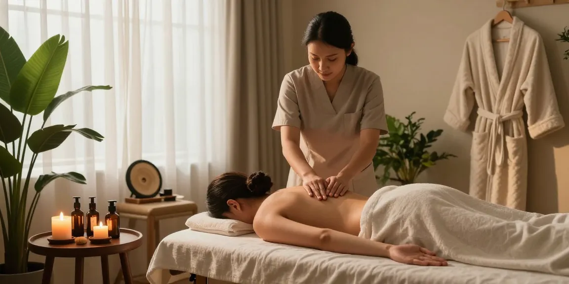 마사지 중인 고객과 편안한 치료사 모습, 아로마 오일과 조명이 어우러진 공간