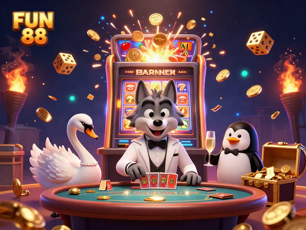 Engage with FUN 88 in a vibrant casino scene featuring characters in action and dynamic gaming elements.