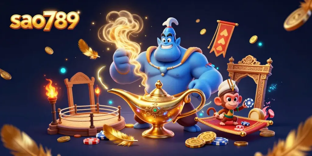 Sao789's energetic casino-themed scene features a giant genie, monkey, and poker chips amidst dazzling effects.