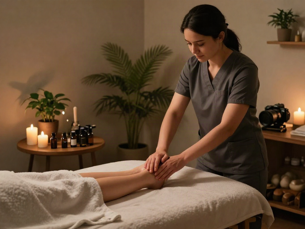 Relaxing foot massage scene highlighting 일산출장마사지 therapy with calming ambiance and professional care.