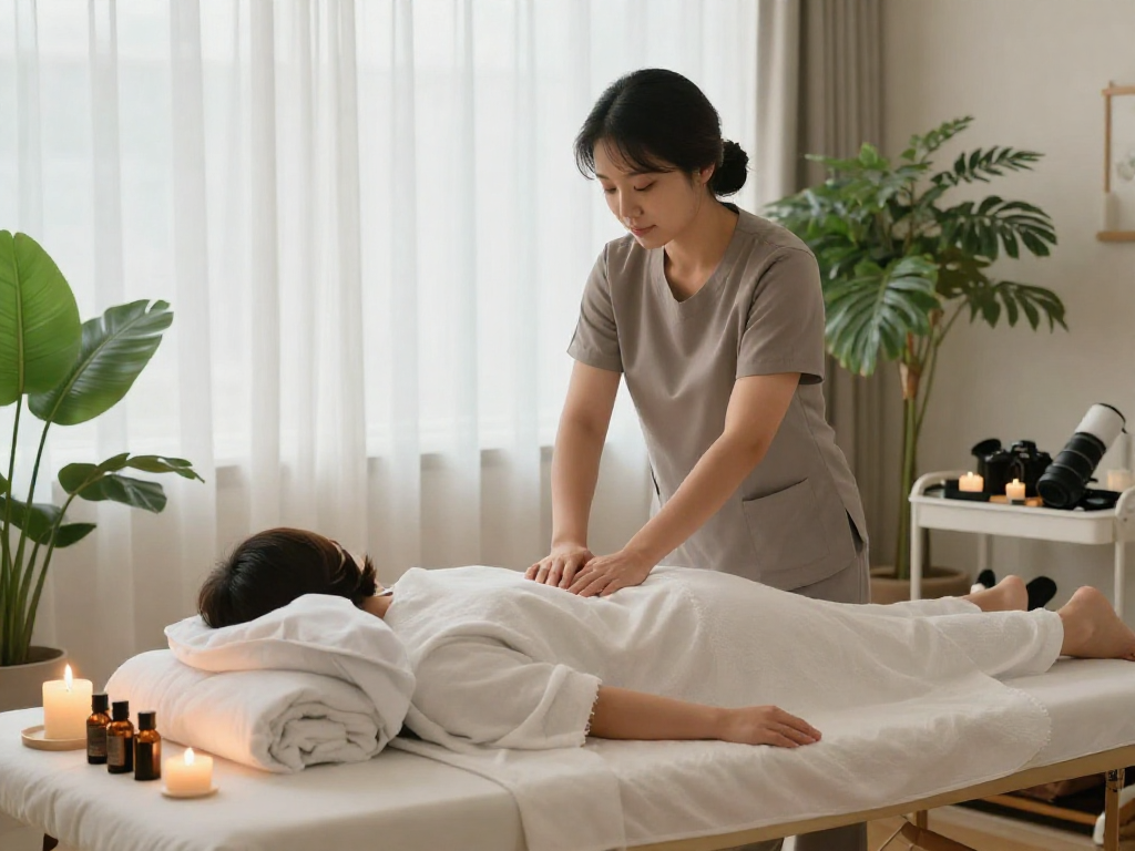 Relaxing 성남출장안마 service in a tranquil home setting with a professional therapist and calming atmosphere.