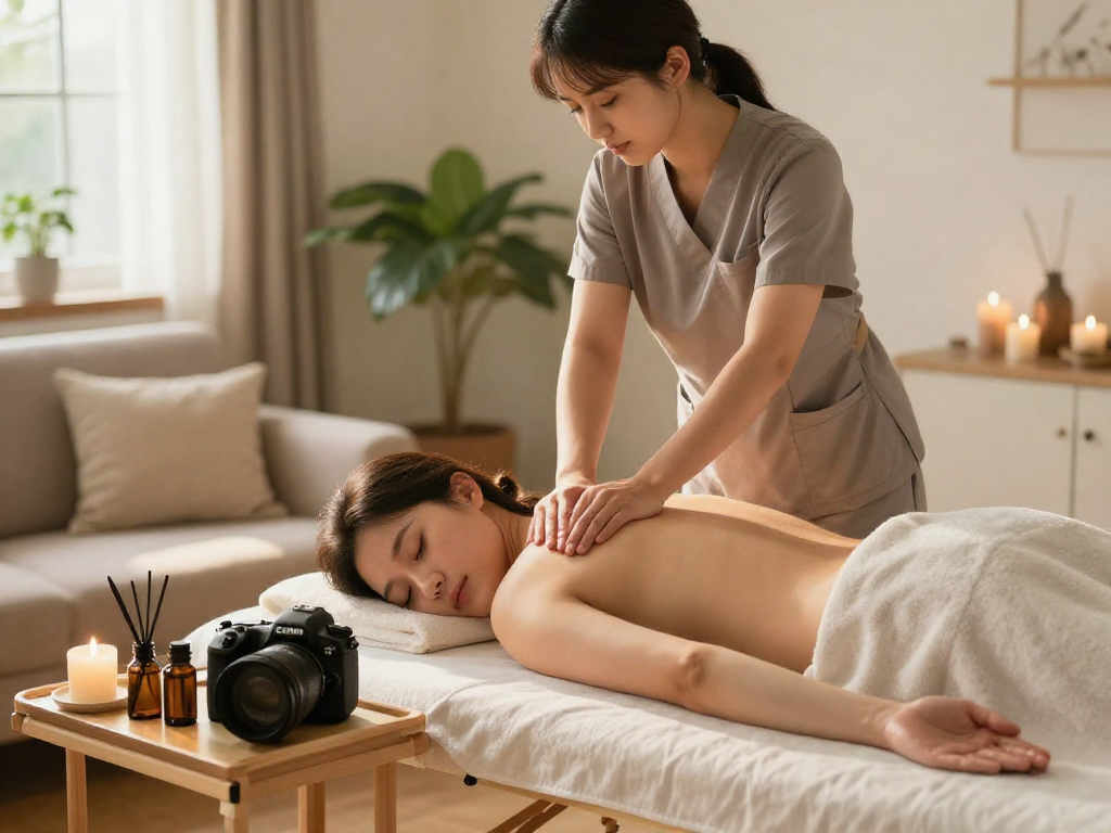 Experience a peaceful 강남출장마사지 at home with a professional therapist creating a soothing atmosphere.