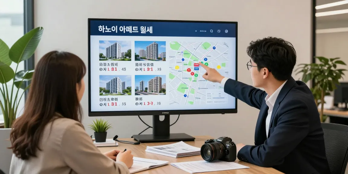 하노이 아파트 월세를 확인하는 외국인 부부와 부동산 중개인.
