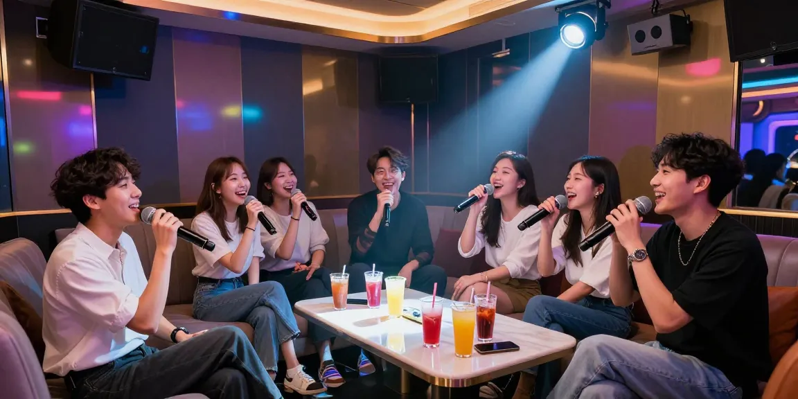 강남가라오케에서 즐거운 친구들과 함께 노래하는 모습, 화려한 조명과 고급스러운 인테리어로 생동감 넘치는 분위기