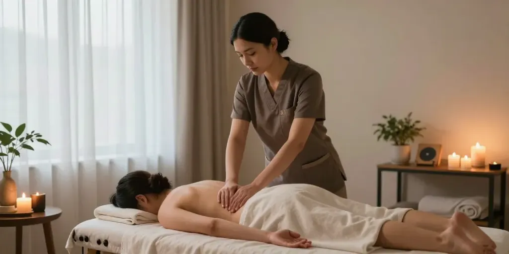 Relaxing 부천출장안마 massage session in a tranquil, well-lit room with calming decor and natural elements.