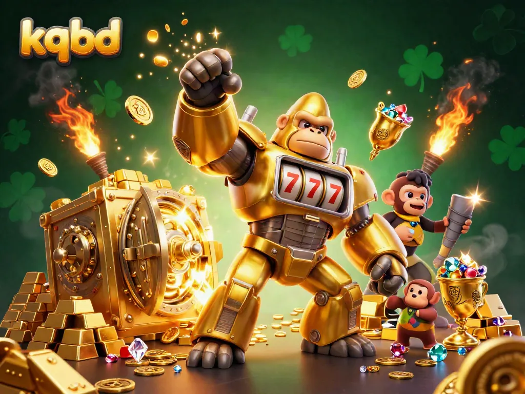 Experience thrilling kqbd gameplay with a golden gorilla mech surrounded by treasures and dazzling casino elements.