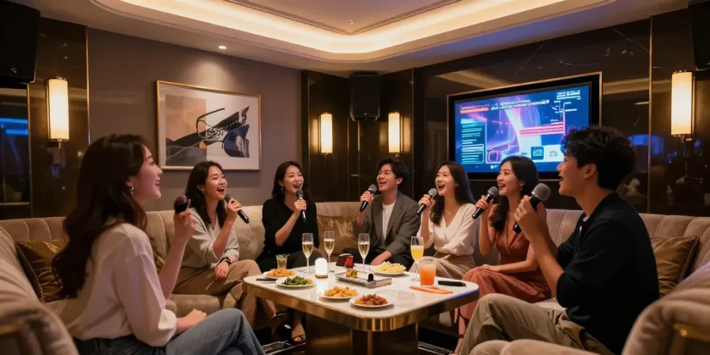 강남달토에서 친구들과 함께 즐거운 시간을 보내는 화려한 노래방 모습