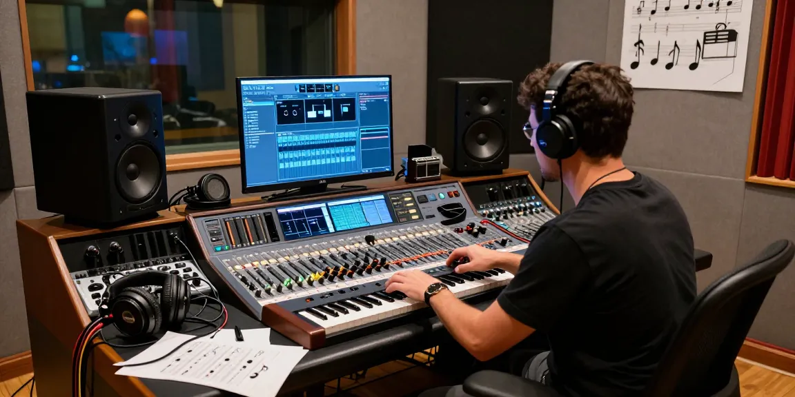 Musician working on SC88 sound module in a modern recording studio, showcasing creativity and technology.