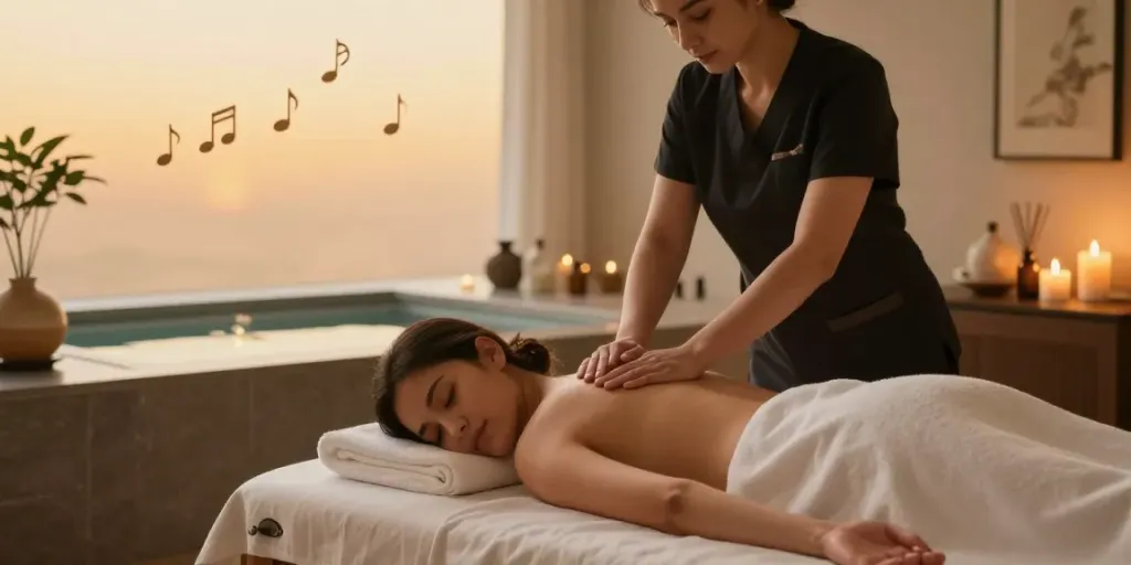 인천출장안마를 위한 고급 마사지 세팅, 아늑한 조명과 향기로운 오일이 함께하는 마사지 장면