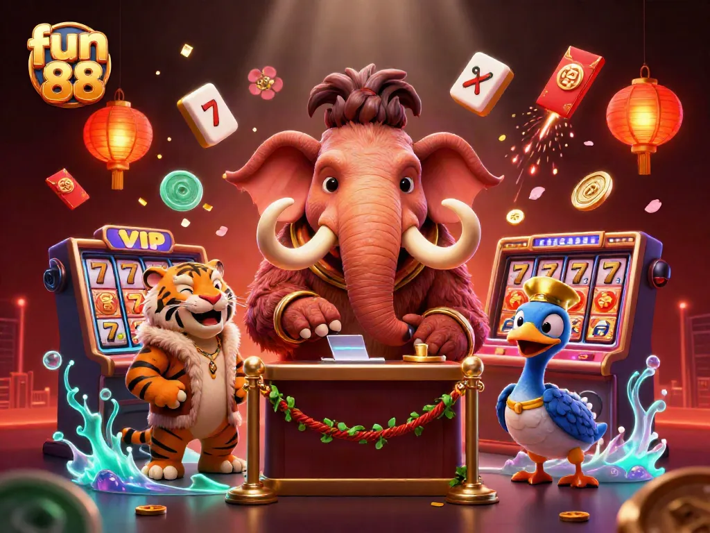Experience the thrill of fun 88 with a vibrant casino scene featuring a mammoth bouncer and VIP tiger.
