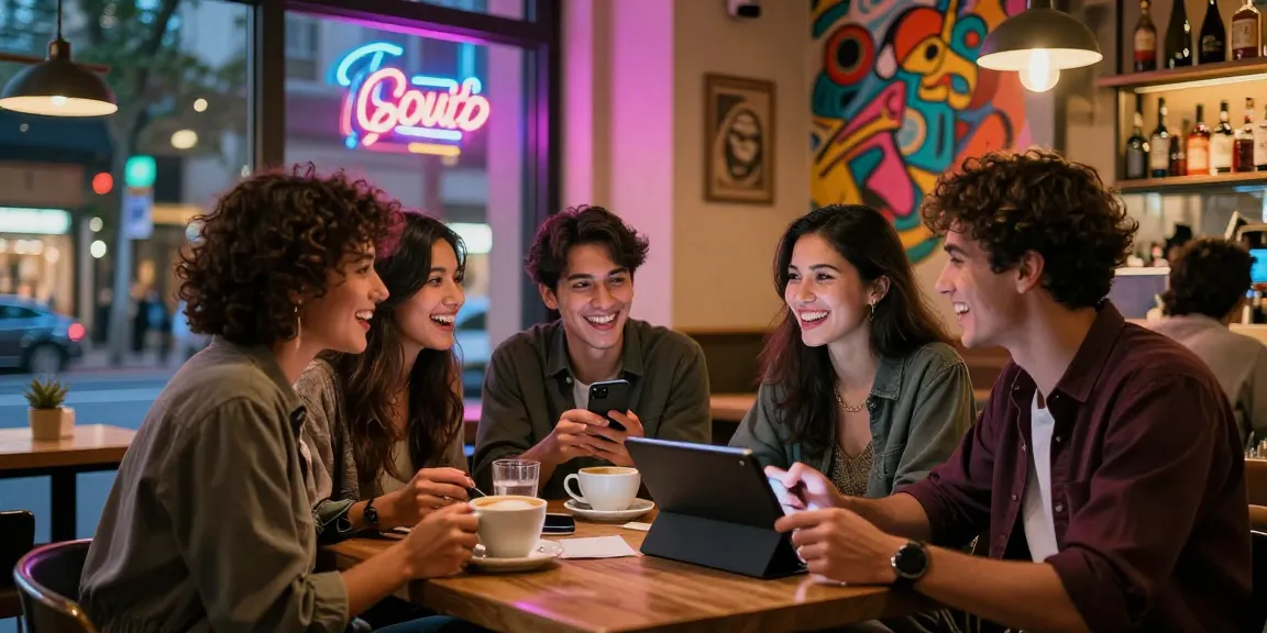 Friends discussing 오피 services at a trendy café with neon lights, showcasing urban lifestyle.