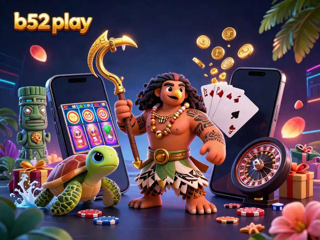 Engage in thrilling b52 play with vibrant slot games surrounded by 3D characters and glowing tiki statues.