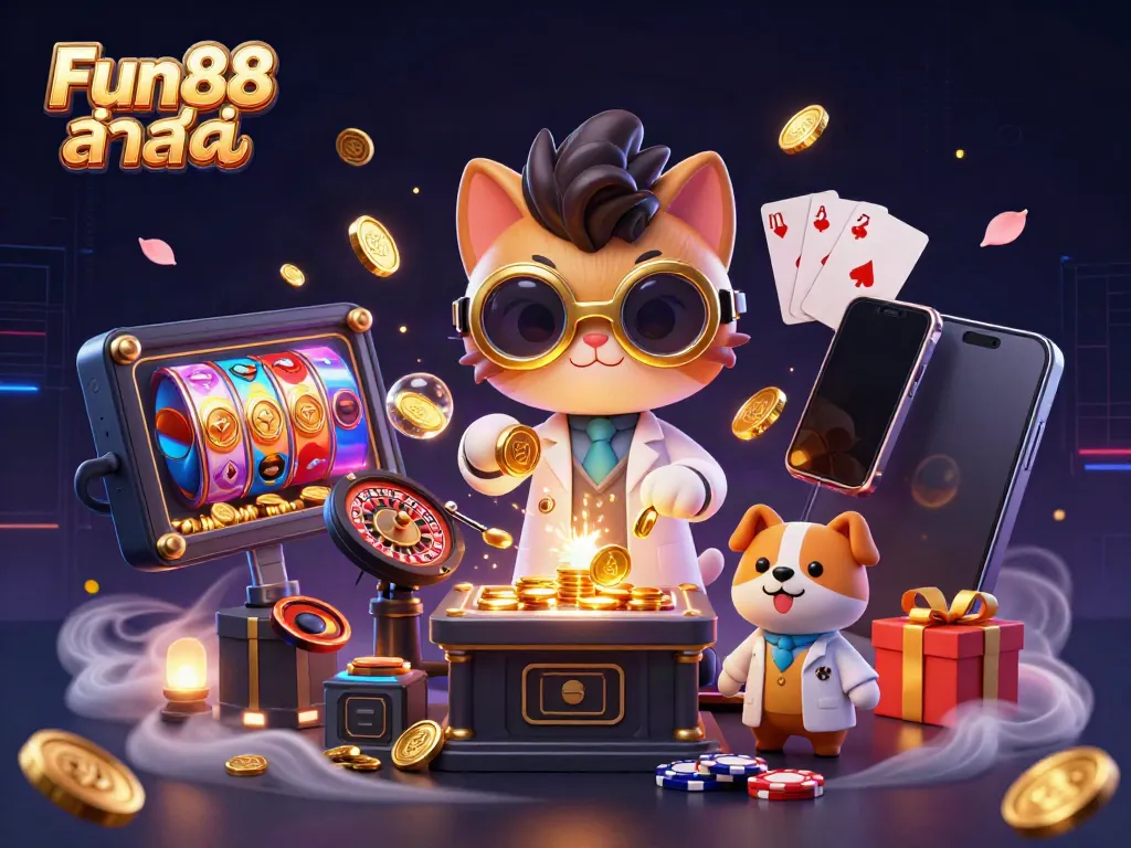 Engage with Fun88 ล่าสุด as a playful mad scientist cat creates a gold-coin machine amidst dynamic casino elements.
