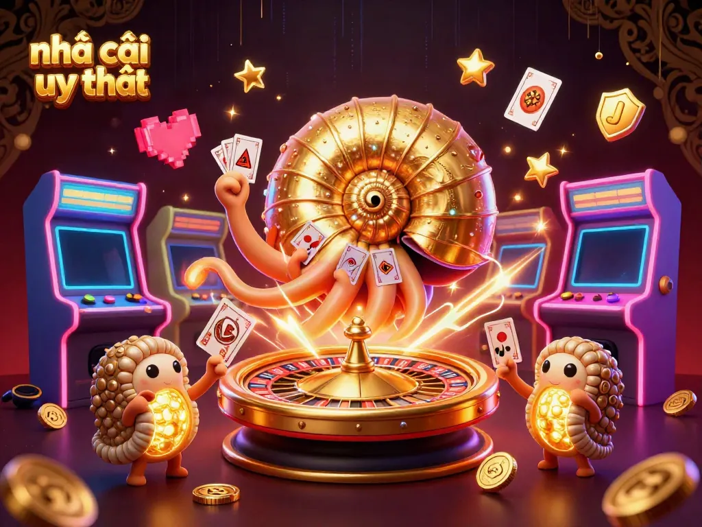 Engage with interactive elements at nhà cái uy tín, showcasing a vibrant cartoon scene with casino motifs.