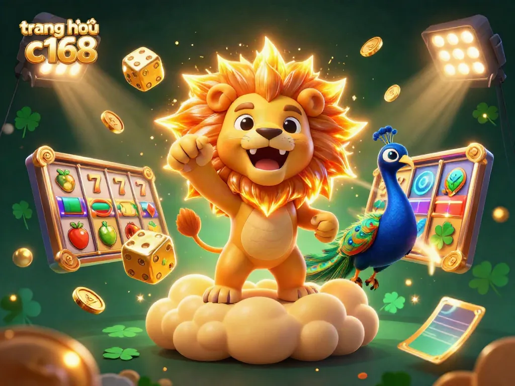 Experience the energy of gaming with "trang chủ c168," featuring dynamic casino elements and a roaring lion.