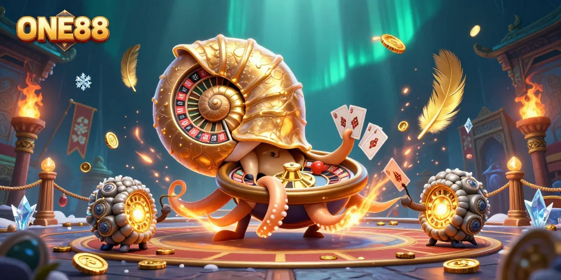 Experience the thrill of ONE88 with a dynamic 3D illustration featuring a giant nautilus roulette wheel.