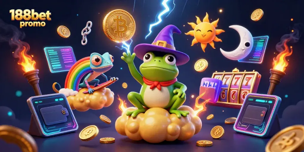 Engage with the thrilling 188bet promo scene, featuring a weather wizard frog and chameleon amidst golden coins.