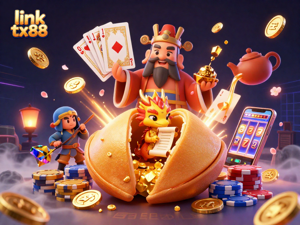 Experience link tx88's vibrant casino world with golden coins, playing cards, and a wise dragon!