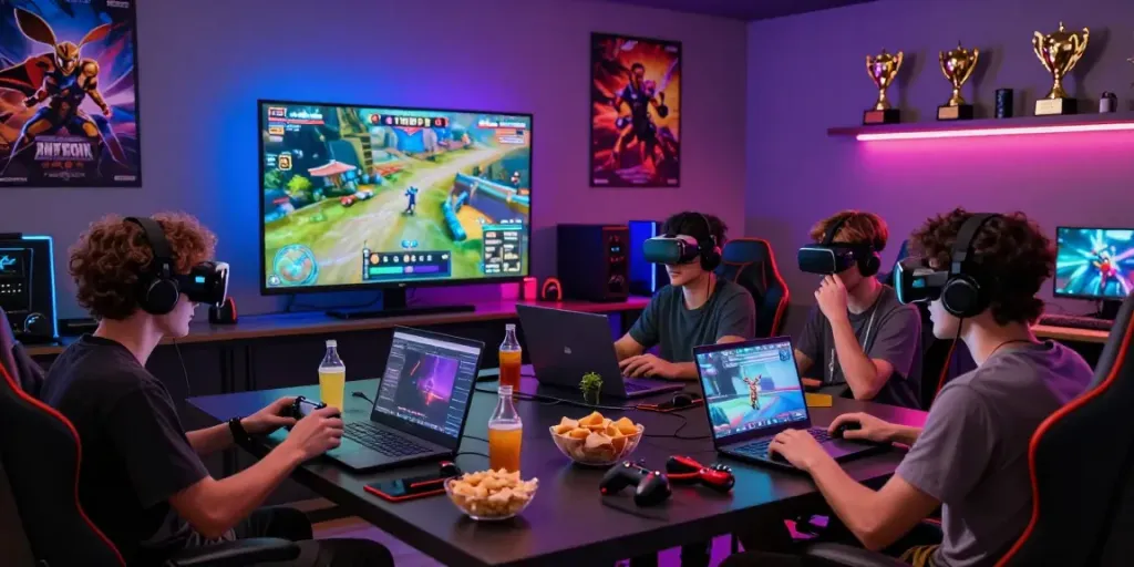 Môi trường chơi game trực tuyến sôi động với bầu không khí hào hứng và nhóm bạn đang trải nghiệm f168.