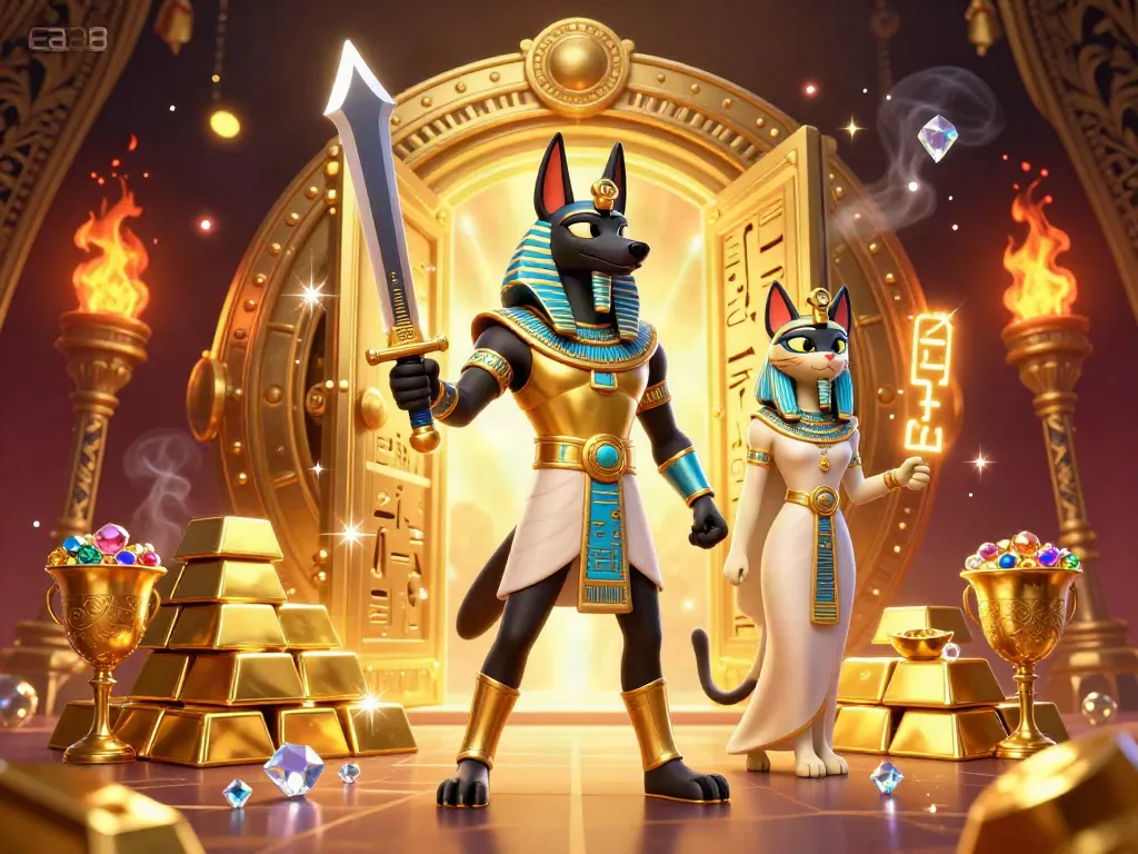 Experience the thrill of ea88 with Anubis and Bastet amidst treasure and glowing hieroglyphs in this casino fantasy.